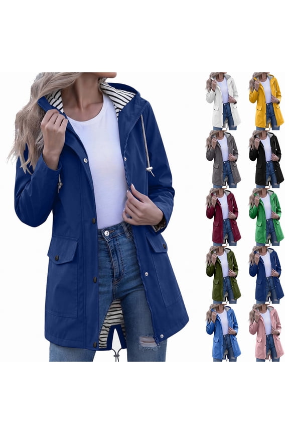 Waterproof Jacket for Womens Outdoor Drawstring Full Zip up Hooded Stripe Lined Flap Pockets Raincoat