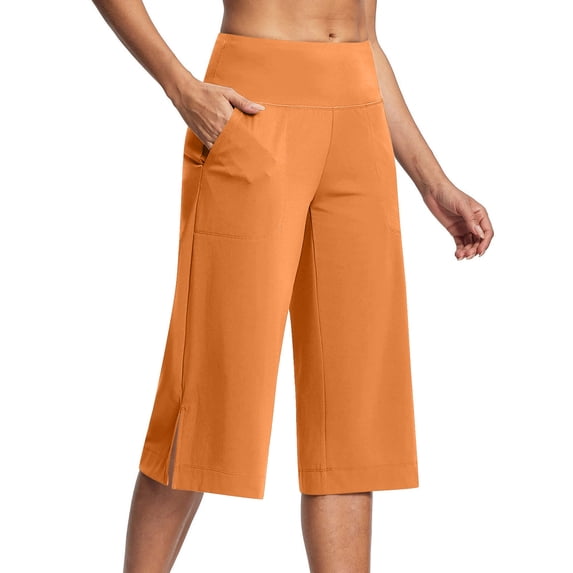 ShomPort Wide Leg Capris For Women Elastic Waist Capri Sweatpants With Pocket Split Hem Lightweight Casual Work Cropped Trousers