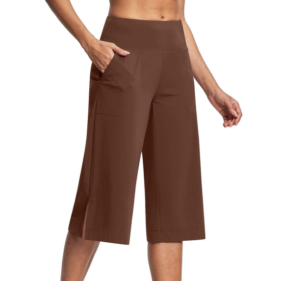 ShomPort Wide Leg Capris For Women Elastic Waist Capri Sweatpants With Pocket Split Hem Lightweight Casual Work Cropped Trousers
