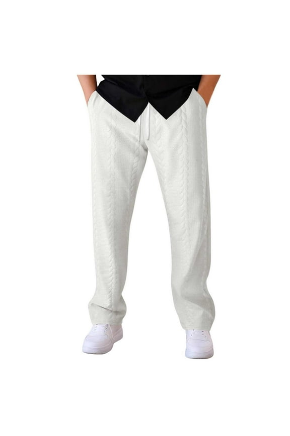Wide Leg Pants for Mens Drawstring Elastic Waist Cable Knit Loungewear Solid Color Business Trousers with Pocket