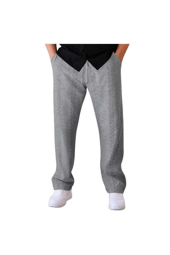 Wide Leg Pants for Mens Drawstring Elastic Waist Cable Knit Loungewear Solid Color Business Trousers with Pocket