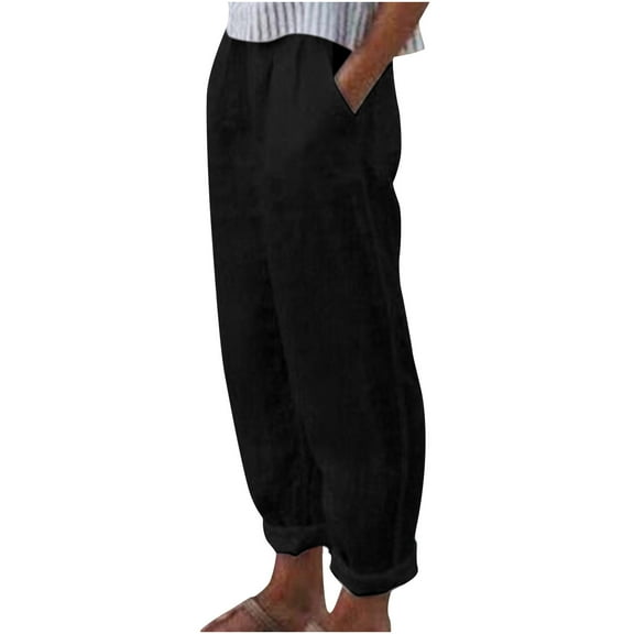 ShomPort Wide Leg Pants for Women Summer Casual Elastic High Waist Cotton Linen Pants Loose Plain Long Trousers (Large, Black)