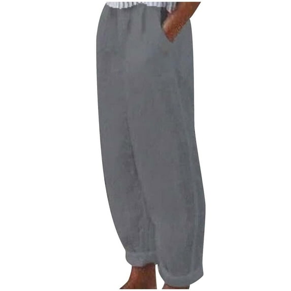 ShomPort Wide Leg Pants for Women Summer Casual Elastic High Waist Cotton Linen Pants Loose Plain Long Trousers (3X-Large, Gray)