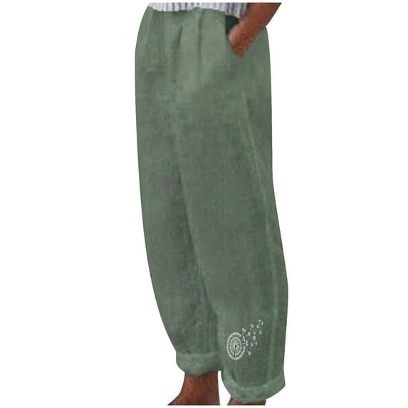 ShomPort Wide Leg Pants for Women Summer Casual Elastic High Waist Cotton Linen Pants Loose Plain Long Trousers (Small, Green)