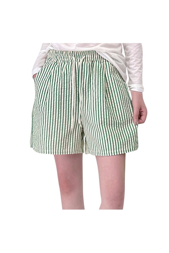 Wide Leg Shorts for Womens Striped Pattern Drawstring Loose Cotton Sleepwear Elastic Waisted Soft Nightwear with Pockets