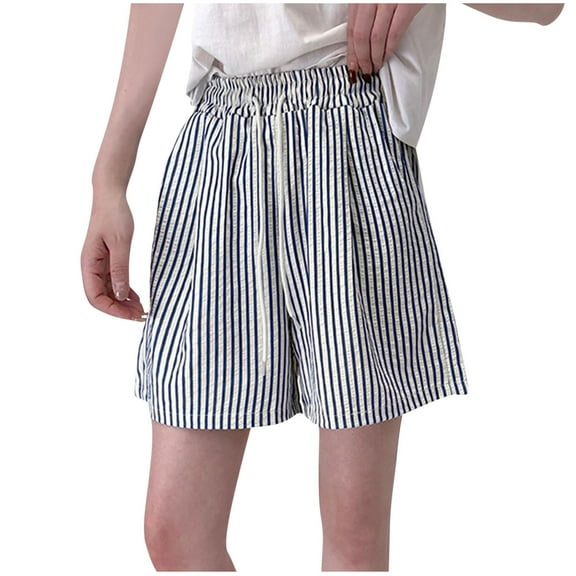 ShomPort Wide Leg Shorts for Womens Striped Pattern Drawstring Loose Cotton Sleepwear Elastic Waisted Soft Nightwear with Pockets