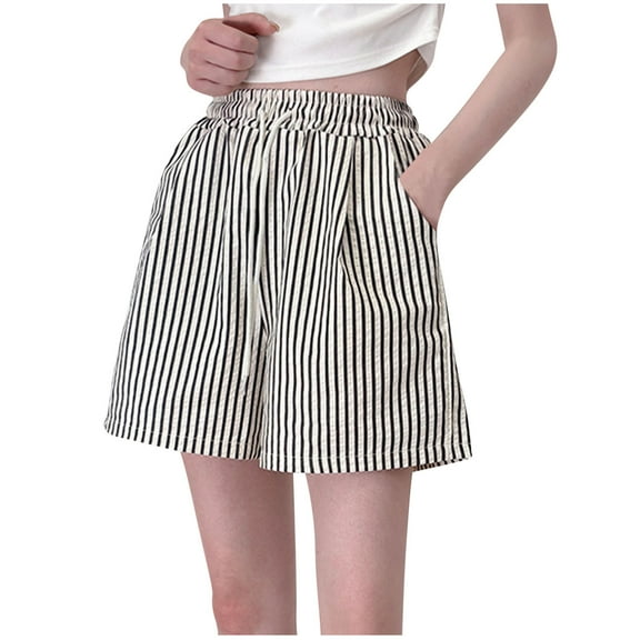 ShomPort Wide Leg Shorts for Womens Striped Pattern Drawstring Loose Cotton Sleepwear Elastic Waisted Soft Nightwear with Pockets