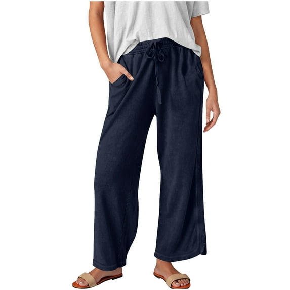 ShomPort Wide Leg Trousers for Women Drawstring Pocket Pants with Elastic Waist Solid Color Breathable Comfy Bottoms