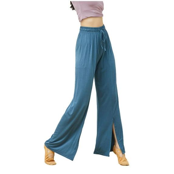 ShomPort Wide Leg Yoga Pants for Women Elastic High Waist Drawstring Pants Loose Comfy Split Slit Long Trousers (Large, Blue)