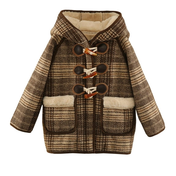 ShomPort Windbreaker for Girls Plaid Pattern Fleece Long Sleeve Buckle Hooded Wool Cute Jacket Fall Winter Warm Comfy Outcoat
