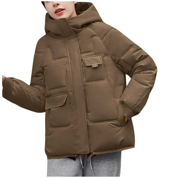 ShomPort Winter Fashion Puffer Jacket for Women Casual Comfortable Long Sleeve Zipper Hooded Pockets Coat (Coffee)