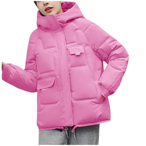 ShomPort Winter Fashion Puffer Jacket for Women Casual Comfortable Long Sleeve Zipper Hooded Pockets Coat (Hot Pink)