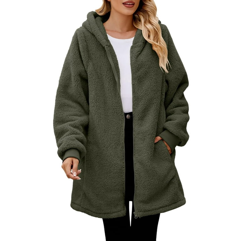 ShomPort Winter Fleece Long Jacket for Women Long Sleeve Zip up Fuzzy Coat  with Pockets and Hood