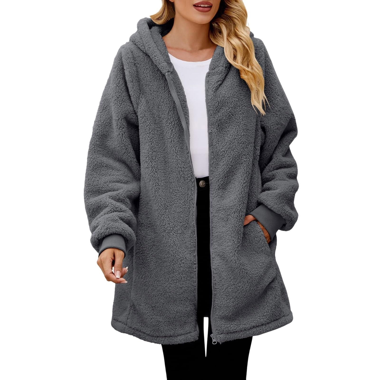 ShomPort Winter Fleece Long Jacket for Women Long Sleeve Zip