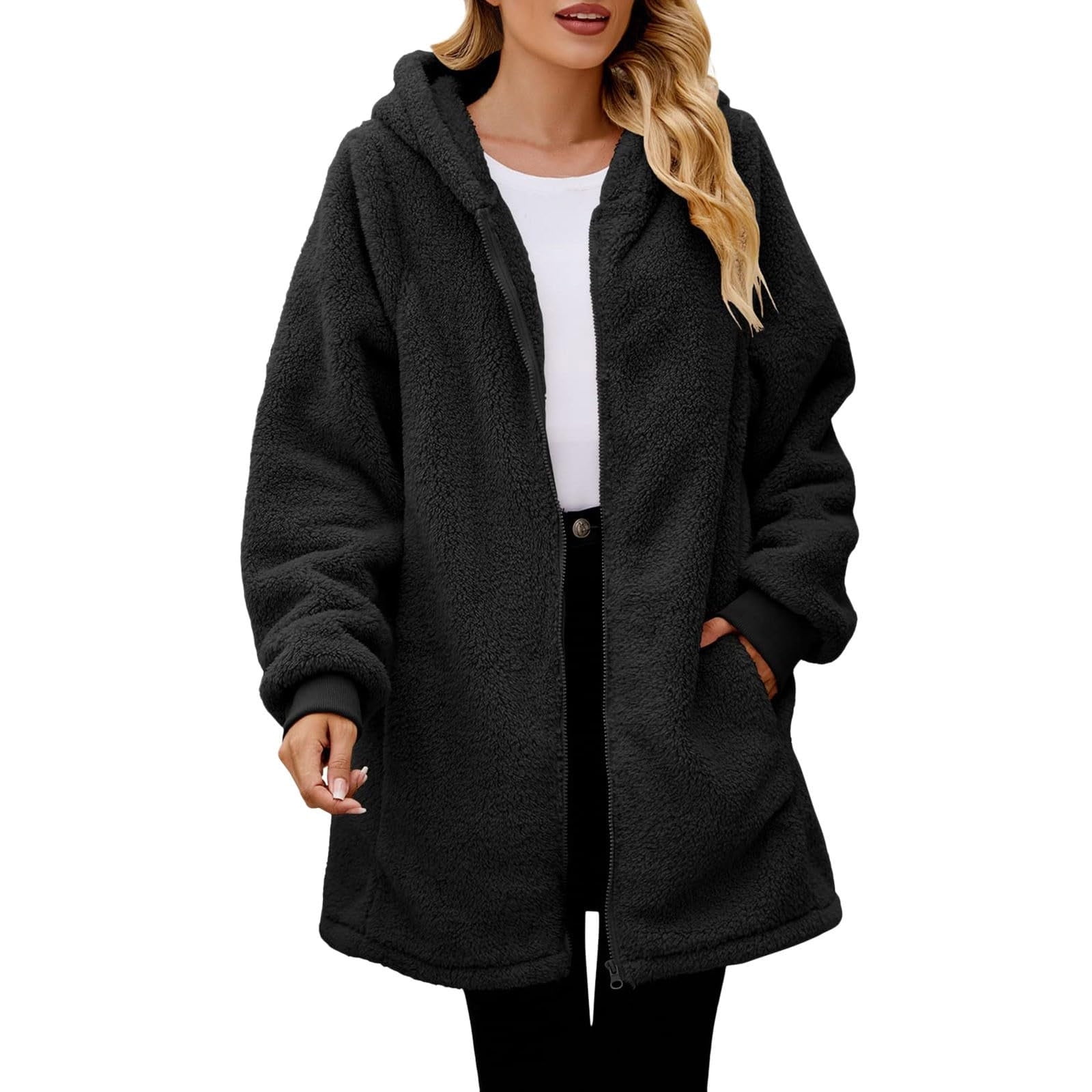ShomPort Winter Fleece Long Jacket for Women Long Sleeve Zip up Fuzzy Coat  with Pockets and Hood