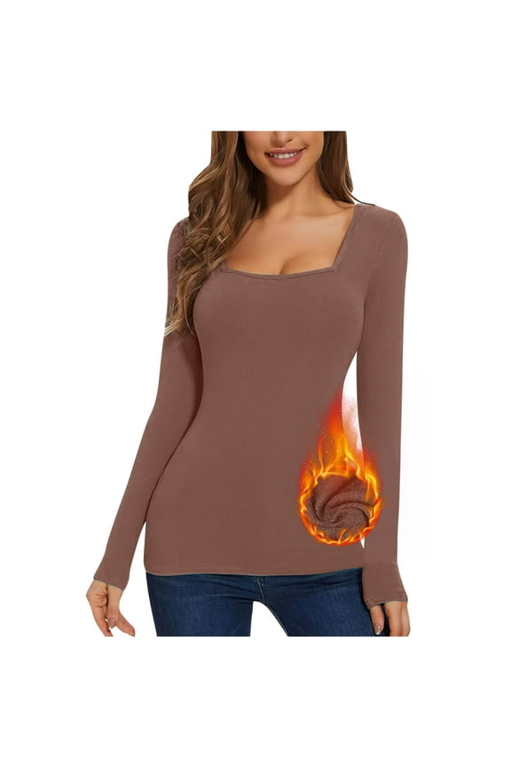 Woman Solid Color Thermal Blouses Tops Square Neck Fleece lined Underwear Tunic Winter Warm Base Layer
