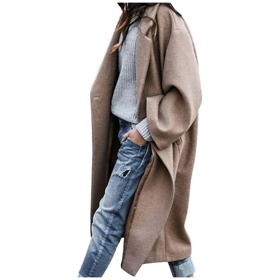 ShomPort Women Winter Mid-Long Coat Long Sleeve Notched Collar Lapel Jacket Open Front Outwear with Pockets