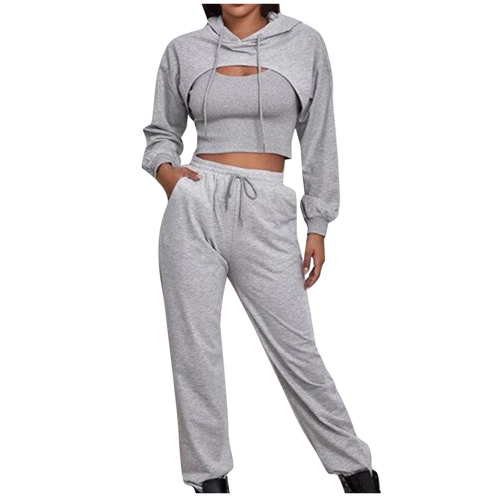 ShomPort Women 3 Piece Outfits Long Sleeve Cropped Hoodies Sweatshirt Vest Drawstring Sweatpants Lounge Matching Sets