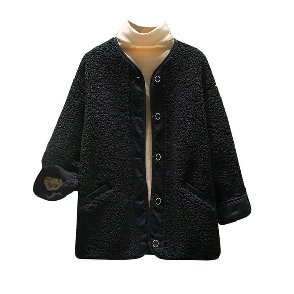 ShomPort Women Button up Fleece Jackets Winter Solid Color Long Sleeve Fuzzy Warm Coat with Pockets