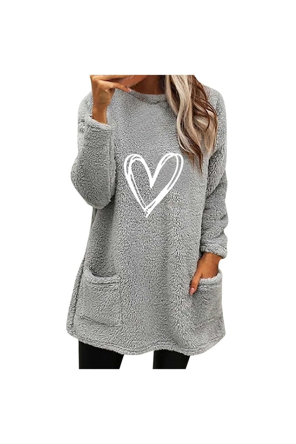 Women Casual Double Fuzzy Sweatshirt Crewneck Long Sleeve Pullover Tops with Slant Pockets