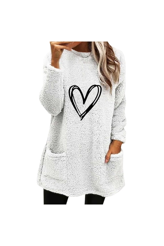 Women Casual Double Fuzzy Sweatshirt Crewneck Long Sleeve Pullover Tops with Slant Pockets