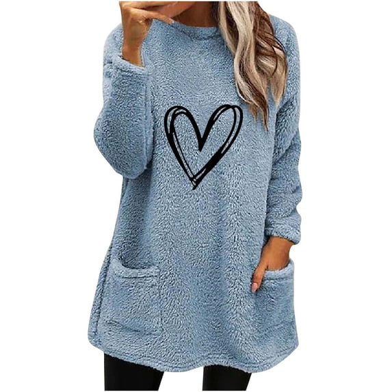 ShomPort Women Casual Double Fuzzy Sweatshirt Crewneck Long Sleeve Pullover Tops with Slant Pockets