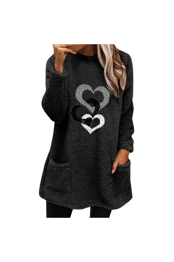 Women Casual Double Fuzzy Sweatshirt Crewneck Long Sleeve Pullover Tops with Slant Pockets