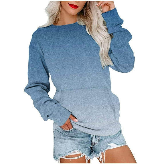 ShomPort Women Crewneck Gradient Color Sweatshirt Casual Fall Long Sleeve Shirt with Pocket