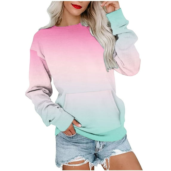 ShomPort Women Crewneck Gradient Color Sweatshirt Casual Fall Long Sleeve Shirt with Pocket
