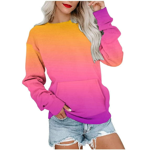 ShomPort Women Crewneck Gradient Color Sweatshirt Casual Fall Long Sleeve Shirt with Pocket