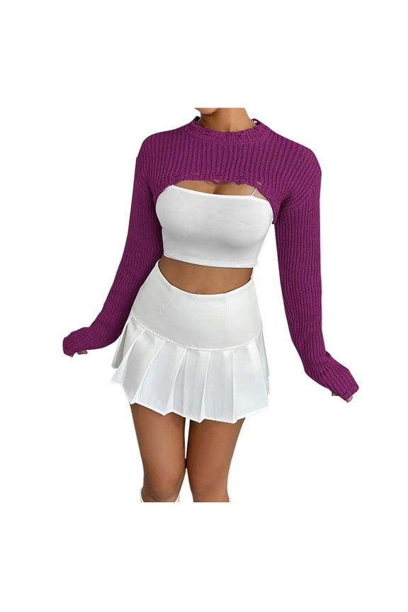 Women Crochet Knit Crop Sweater Cover up Shrug Long Sleeve Crew Neck Casual Loose Cropped Smock Tops