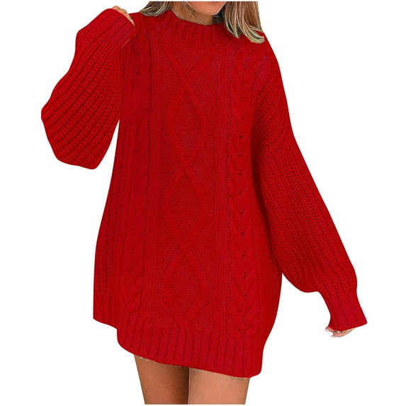ShomPort Women Fall Casual Crewneck Long Sleeve Oversized Knit Chunky Pullover Sweater Mid Dresses