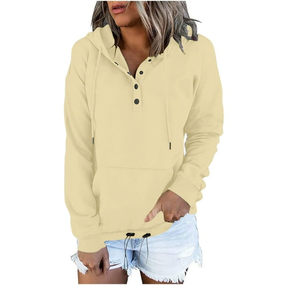 ShomPort Women Fall Hooded Sweatshirt Button Collared Drawstring Hoodies Pullover Long Sleeve Tops with Pocket