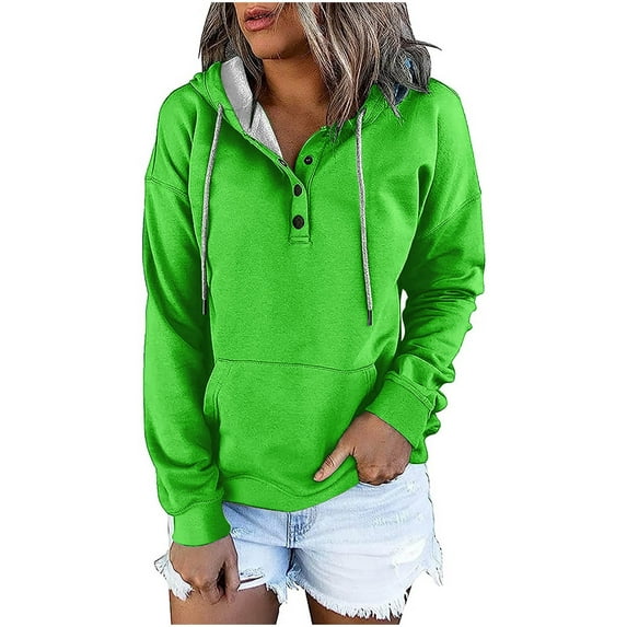 ShomPort Women Fall Hooded Sweatshirt Winter Button Collared Hoodies Pullover Long Sleeve Solid Color Tops