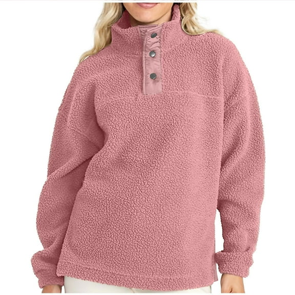 ShomPort Women Fleece Sweatshirt Fuzzy Long Sleeve Button Collar Pullover Coat with Pocket (Pink )