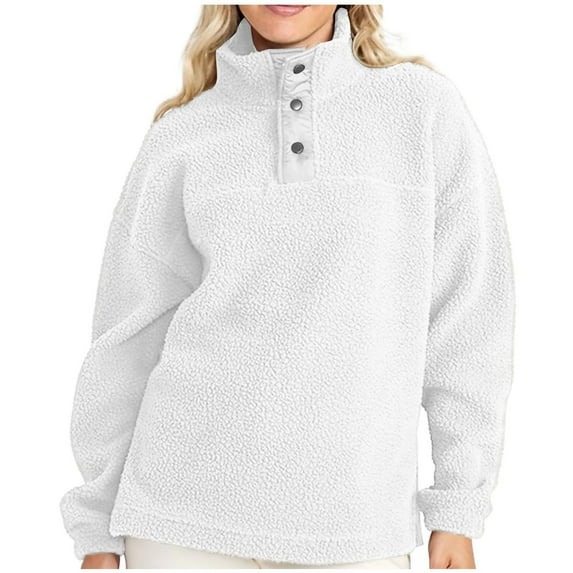 ShomPort Women Fleece Sweatshirt Fuzzy Long Sleeve Button Collar Pullover Coat with Pocket (White )
