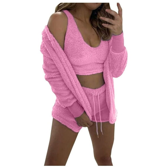 ShomPort Women Fuzzy 3 Piece Lounge Sets Tank Top Wide Leg Shorts Cardigan Jacket Fleece Pajamas Set Loungewear (Pink23)