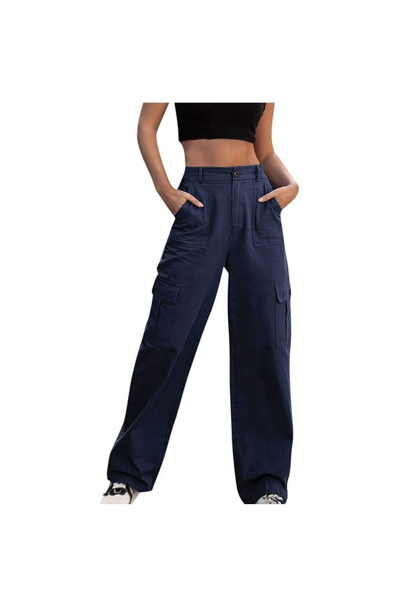 Women High Waisted Cargo Pants Wide Leg Casual Pants 4 Pockets Stretchy Streetwear Trousers (Blue)