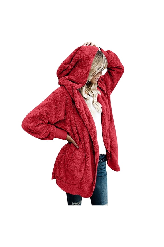 Women Hooded Cardigan Fuzzy Fleece Warm Jacket Winter Open Front Coat Outwear with Pockets