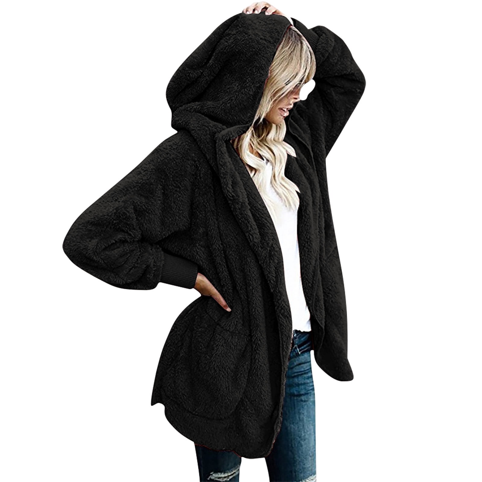 Women Hooded Cardigan Fuzzy Fleece Warm Jacket Winter Open Front Coat Outwear with Pockets