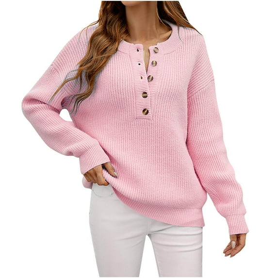 ShomPort Women Long Sleeve Round Neck Buttons Sweater Solid Color Ribbed Knit Sweater Casual Pullover Jumper