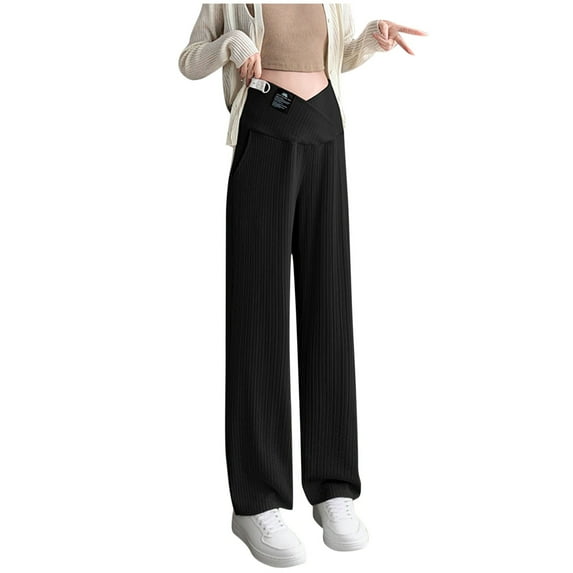 ShomPort Women Maternity Straight Leg Pants Textured Cross Front High Elastic Waist Cotton Loungewear Loose Business Trousers