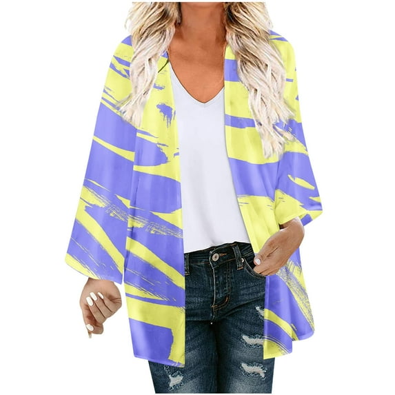 ShomPort Women Open Front Boho Print Cardigan 3/4 Sleeve Lightweight Cardigans for Summer Beach Vacation