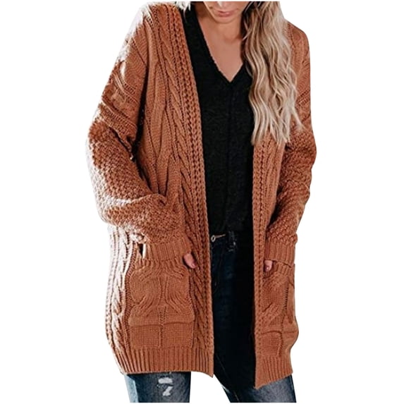 ShomPort Women Open Front Cardigan Cable Knit Sweaters Solid Color Chunky Long Sweater Coats with Pockets