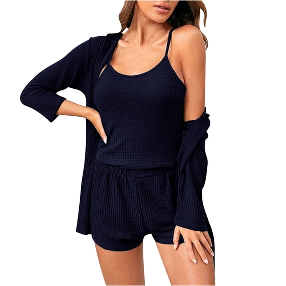 ShomPort Women Pajamas Set 3 Piece Lounge Sets with Open Front Cardigan Thin Straps Tank and Shorts & Belt Outfits