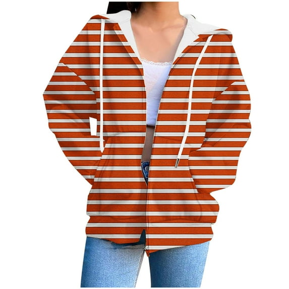 ShomPort Women Striped Hoodie Long Sleeve Zip up Jacket Drawstring Casual Fall Sweatshirt with Pocket