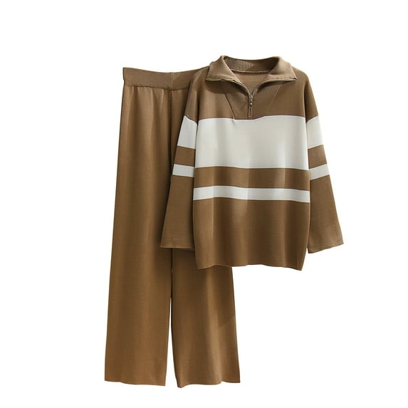 ShomPort Women's 2 Piece Outfits Knit Pullover Tops Long Sleeve Color Block Sweater Wide Leg Pants Loungewear