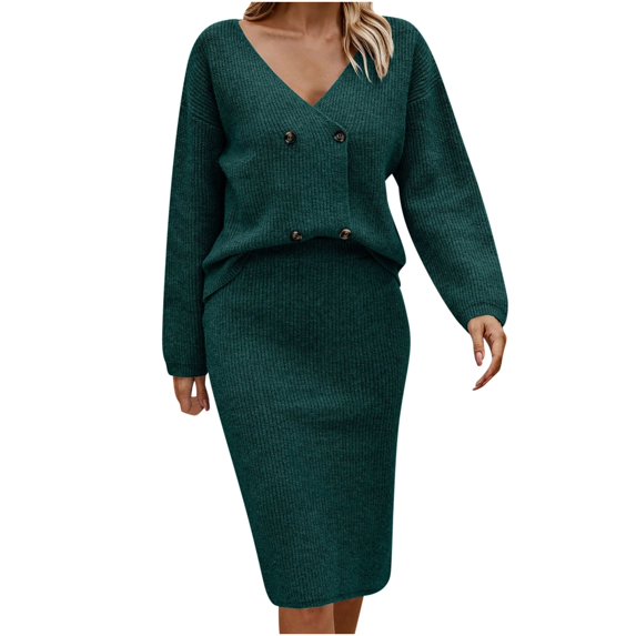 ShomPort Women's 2 Piece Skirt Outfits Long Sleeve Knit Pullover Bodycon Midi Skirt Fall Winter Sweater Dresses Set