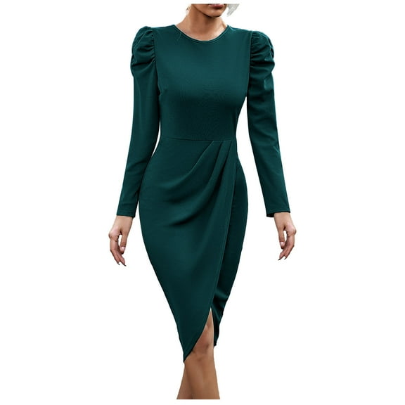 ShomPort Women's Fall Long Sleeve Dress Crew Neck Slimming Slit Midi Dress Party Wedding Dress
