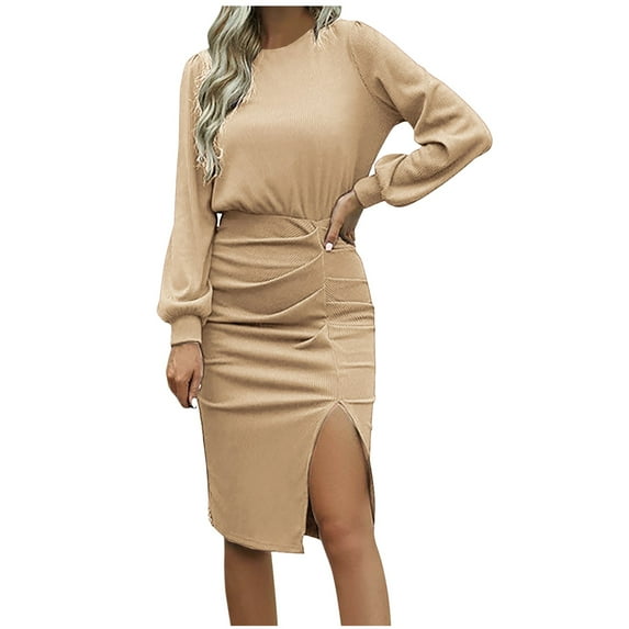 ShomPort Women's Fall Long Sleeve Sweater Dress Crew Neck Slim Ribbed Knit Slit Midi Dress